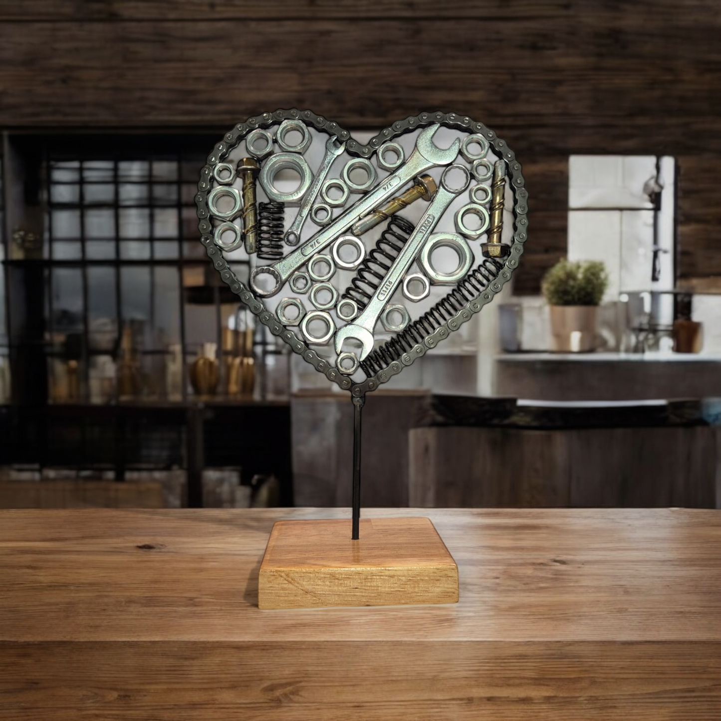 Heart of Steel Sculpture - Handmade with Metal Nuts, Bolts, and Spanners on Irish Oak Base. Metal Sculpture home décor
