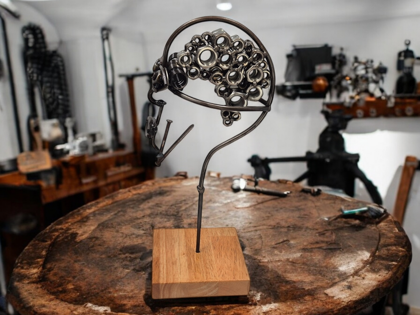 Mind of Matter - Unique Handcrafted Steel Head Sculpture with Nuts and Bolts Brain - Industrial Art on Irish Oak Base