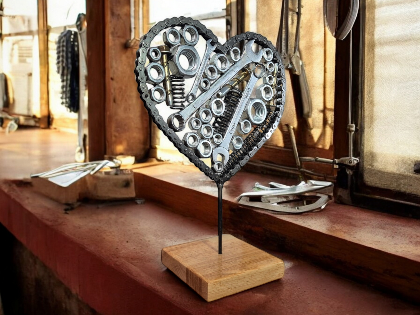 Heart of Steel Sculpture - Handmade with Metal Nuts, Bolts, and Spanners on Irish Oak Base. Metal Sculpture home décor