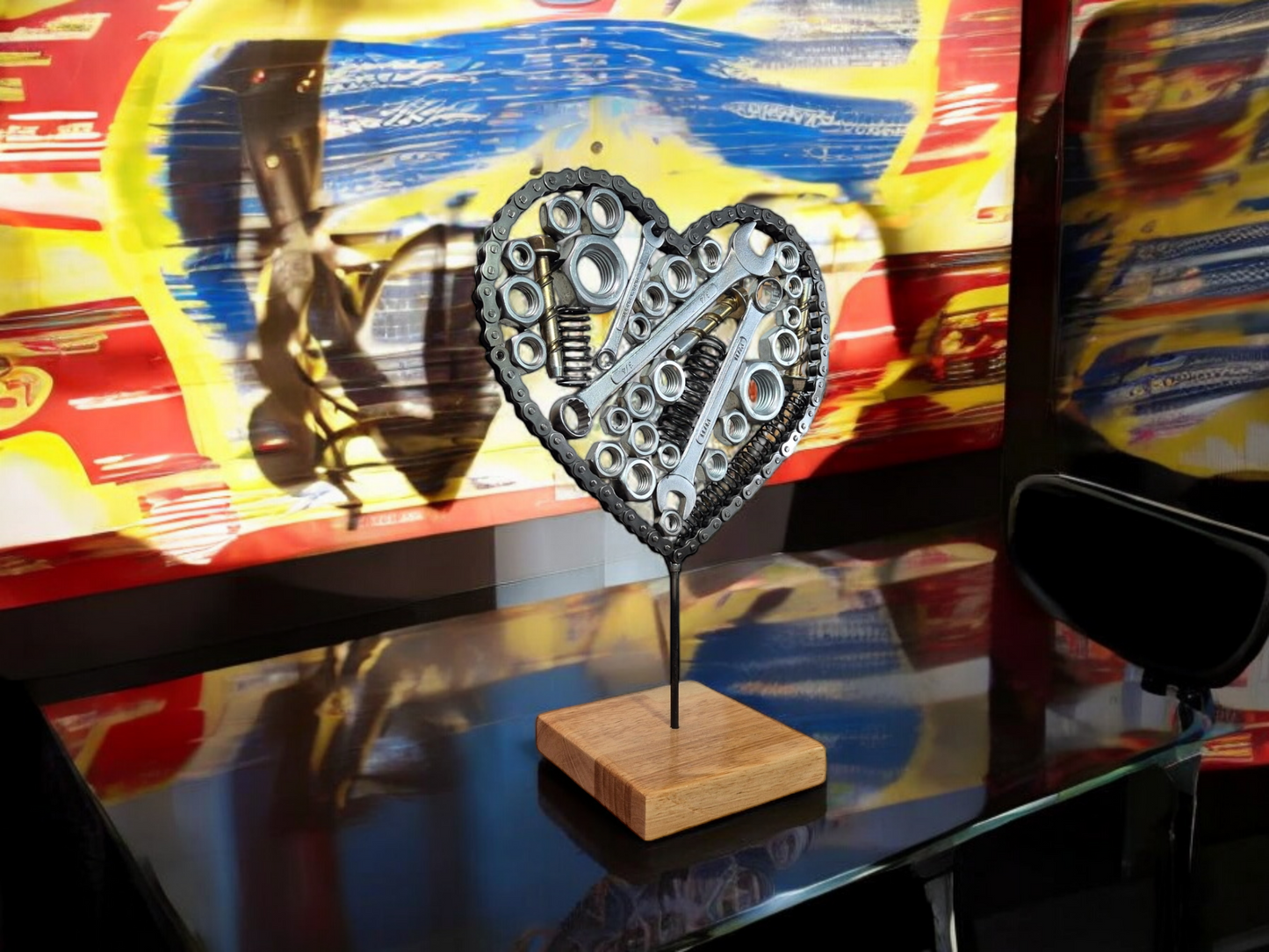 Heart of Steel Sculpture - Handmade with Metal Nuts, Bolts, and Spanners on Irish Oak Base. Metal Sculpture home décor