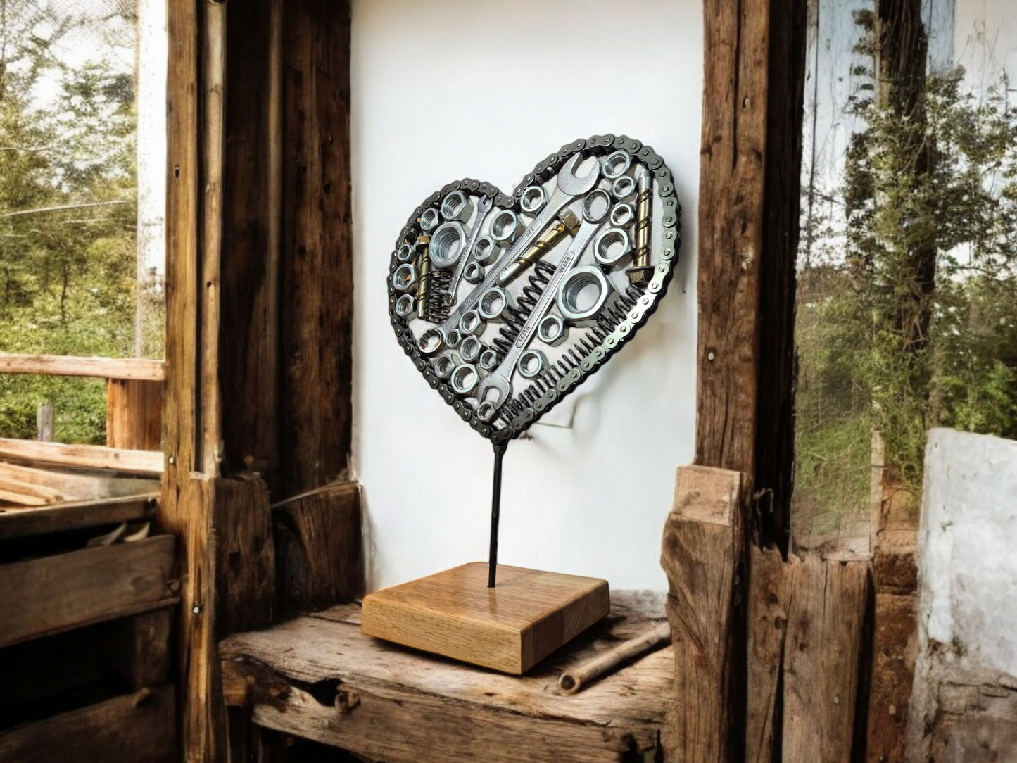 Heart of Steel Sculpture - Handmade with Metal Nuts, Bolts, and Spanners on Irish Oak Base. Metal Sculpture home décor