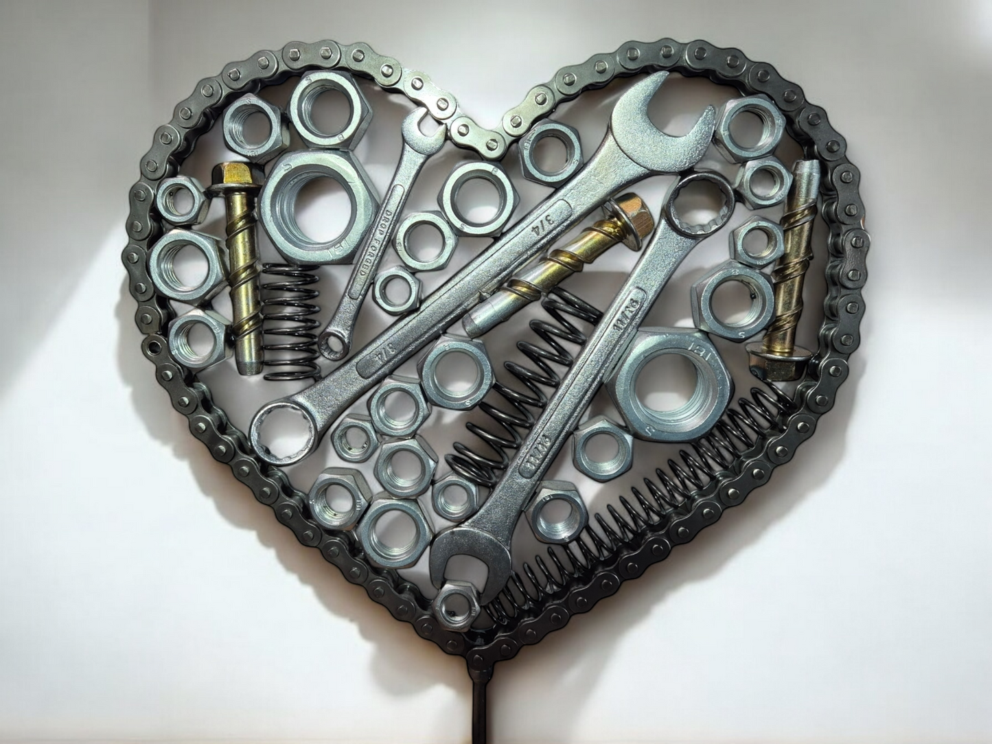 Heart of Steel Sculpture - Handmade with Metal Nuts, Bolts, and Spanners on Irish Oak Base. Metal Sculpture home décor