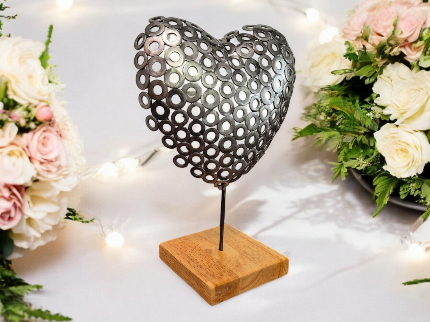 Heart Beat in Steel - 3D Heart Sculpture Made from Brushed Metal Washers - Handcrafted Metal Art on an Irish Oak base - Limited edition