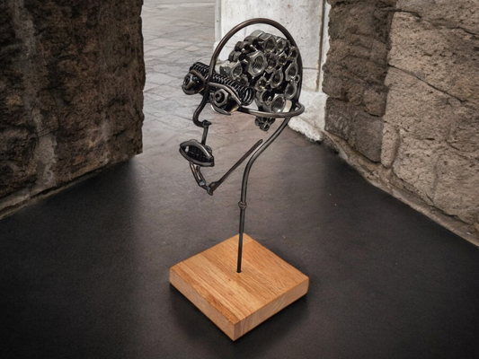 Mind of Matter - Unique Handcrafted Steel Head Sculpture with Nuts and Bolts Brain - Industrial Art on Irish Oak Base