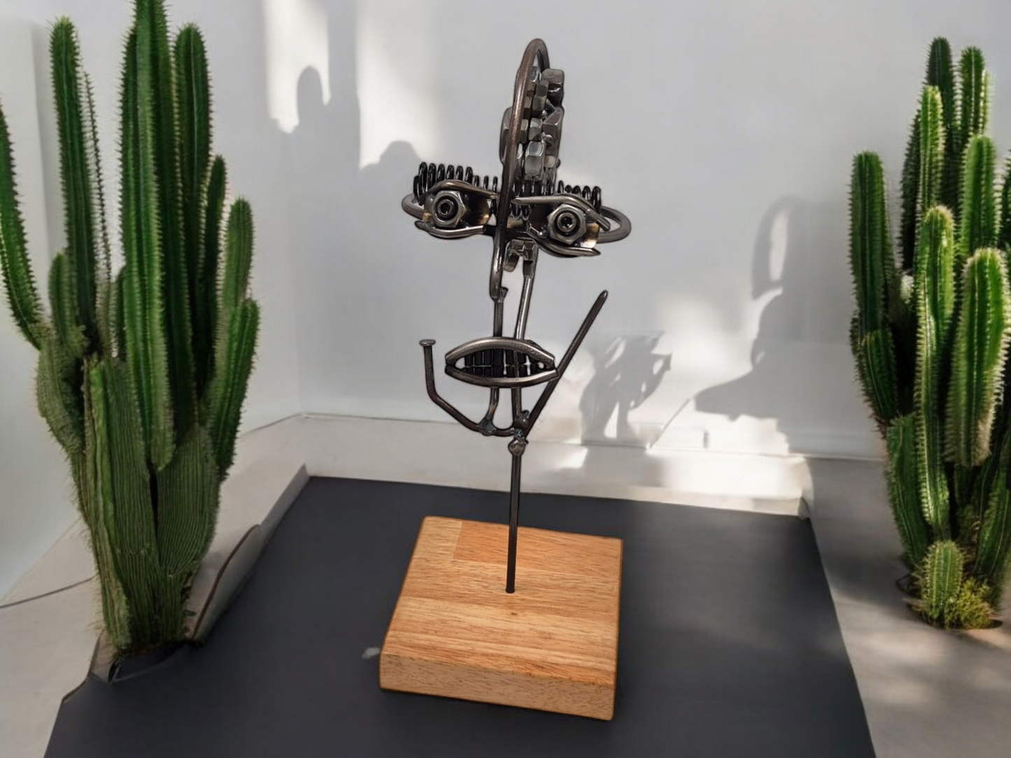 Mind of Matter - Unique Handcrafted Steel Head Sculpture with Nuts and Bolts Brain - Industrial Art on Irish Oak Base