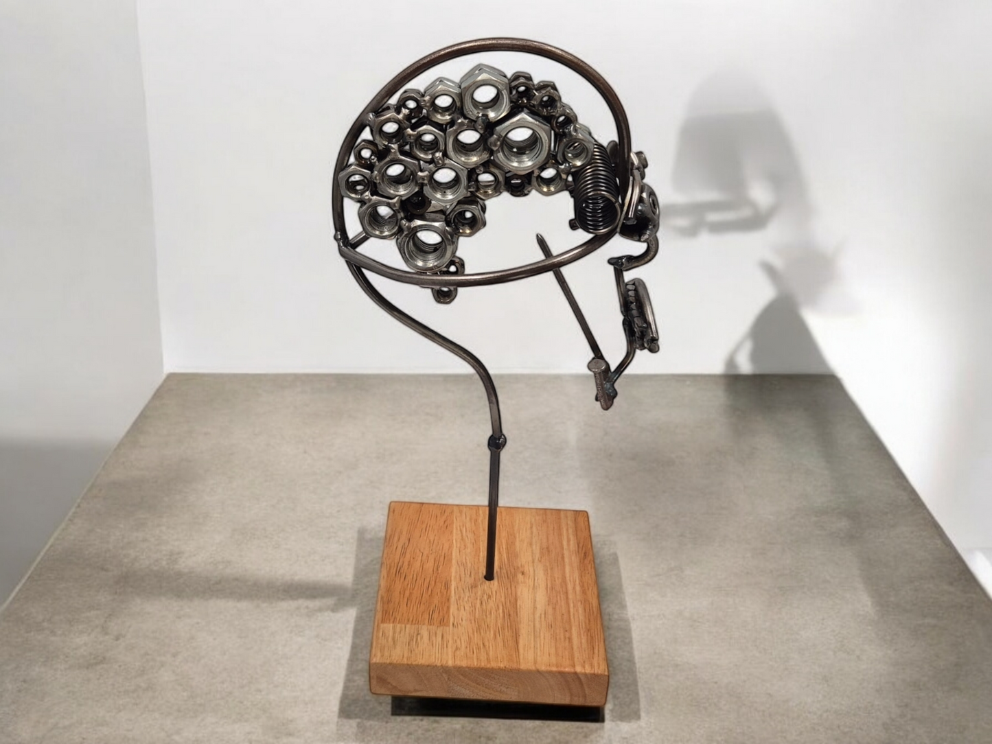 Mind of Matter - Unique Handcrafted Steel Head Sculpture with Nuts and Bolts Brain - Industrial Art on Irish Oak Base