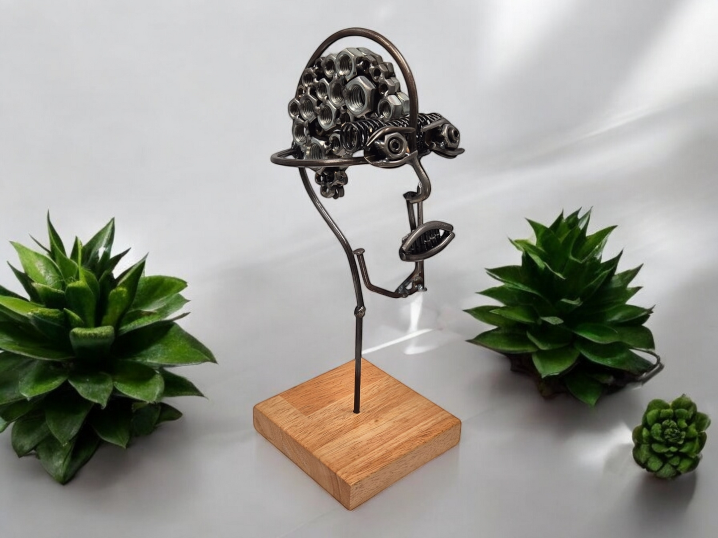 Mind of Matter - Unique Handcrafted Steel Head Sculpture with Nuts and Bolts Brain - Industrial Art on Irish Oak Base