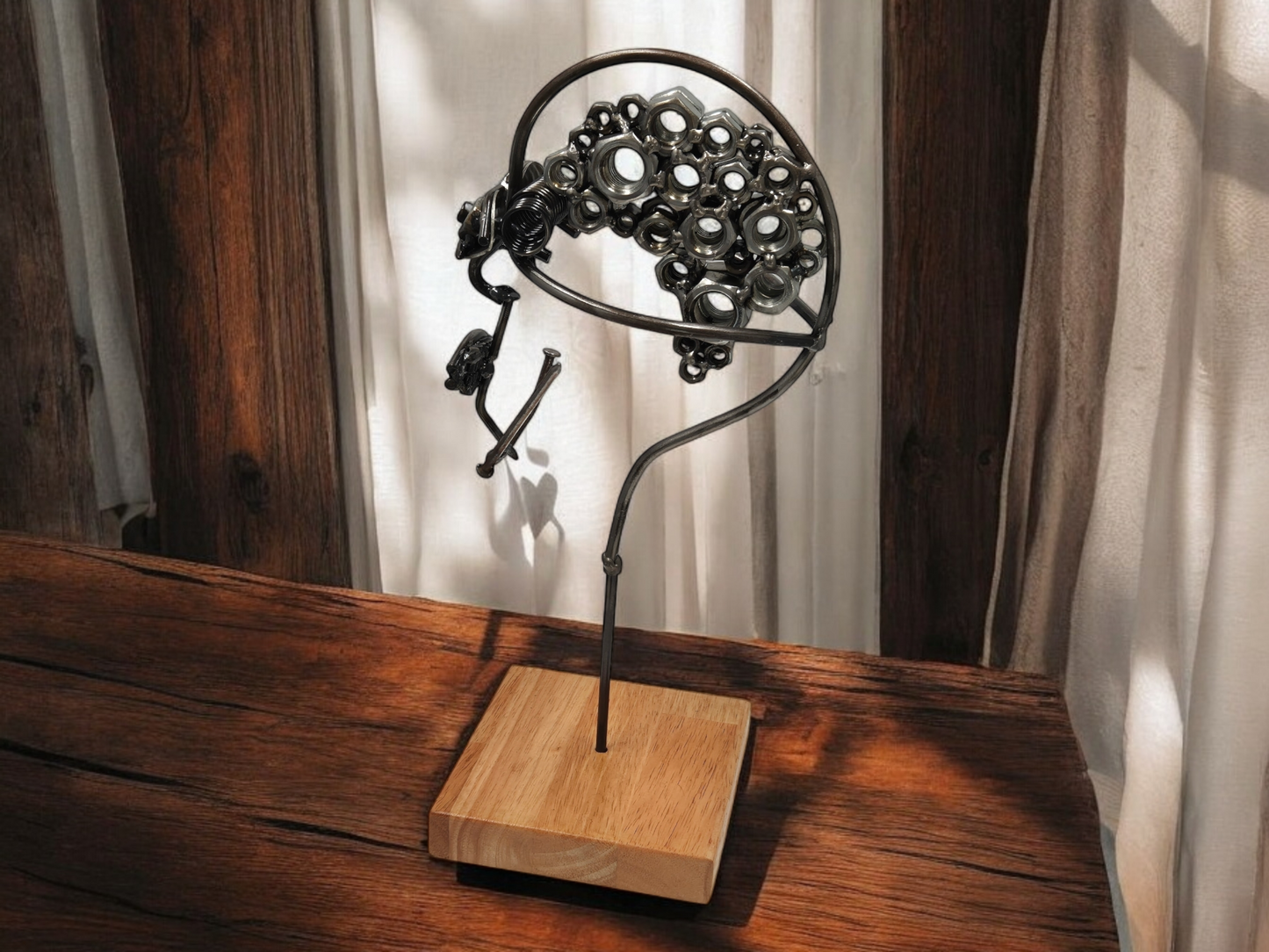 Mind of Matter - Unique Handcrafted Steel Head Sculpture with Nuts and Bolts Brain - Industrial Art on Irish Oak Base