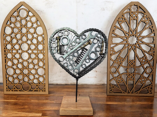 Heart of Steel Sculpture - Handmade with Metal Nuts, Bolts, and Spanners on Irish Oak Base. Metal Sculpture home décor