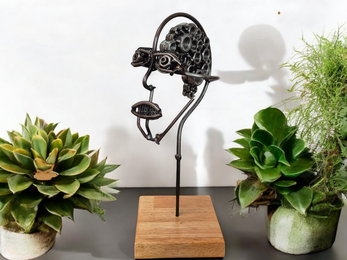 Mind of Matter - Unique Handcrafted Steel Head Sculpture with Nuts and Bolts Brain - Industrial Art on Irish Oak Base