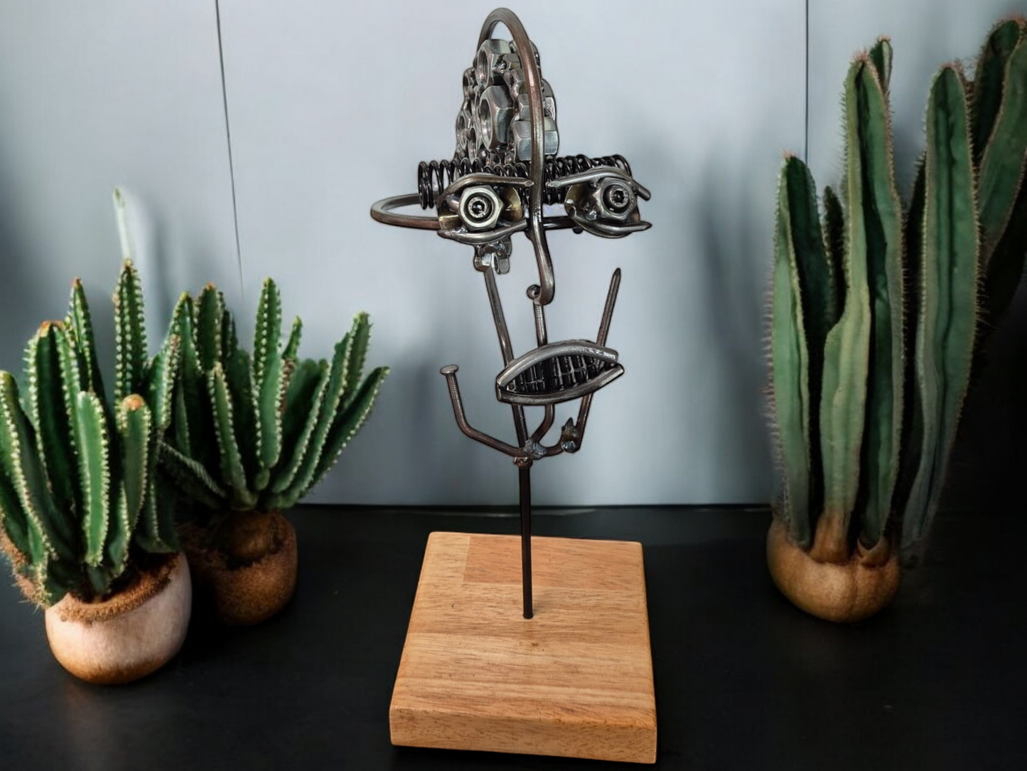 Mind of Matter - Unique Handcrafted Steel Head Sculpture with Nuts and Bolts Brain - Industrial Art on Irish Oak Base