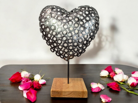 Heart Beat in Steel - 3D Heart Sculpture Made from Brushed Metal Washers - Handcrafted Metal Art on an Irish Oak base - Limited edition