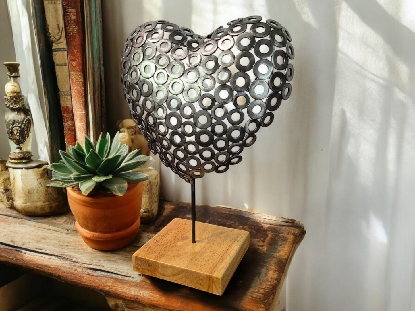 Heart Beat in Steel - 3D Heart Sculpture Made from Brushed Metal Washers - Handcrafted Metal Art on an Irish Oak base - Limited edition