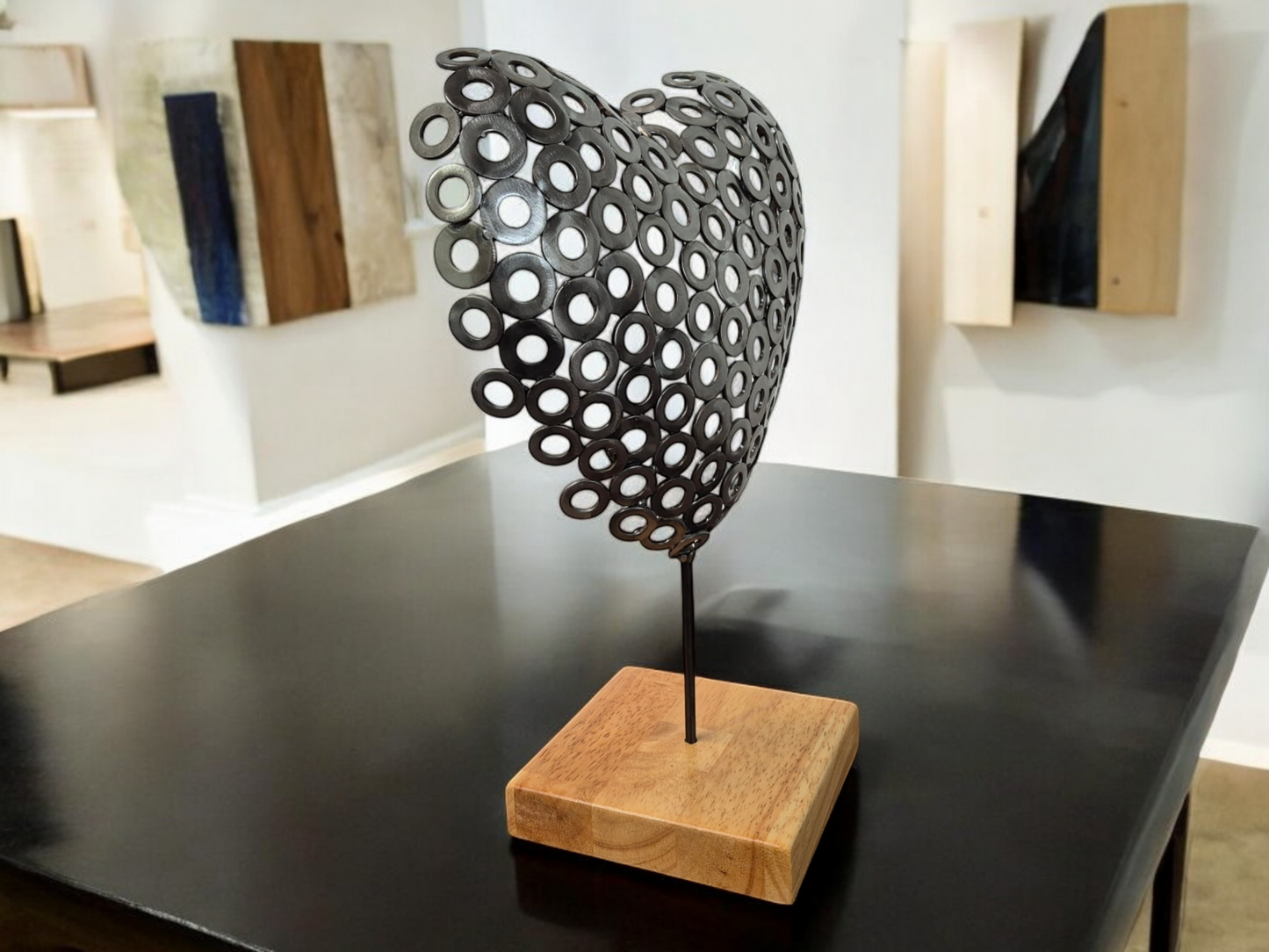 Heart Beat in Steel - 3D Heart Sculpture Made from Brushed Metal Washers - Handcrafted Metal Art on an Irish Oak base - Limited edition