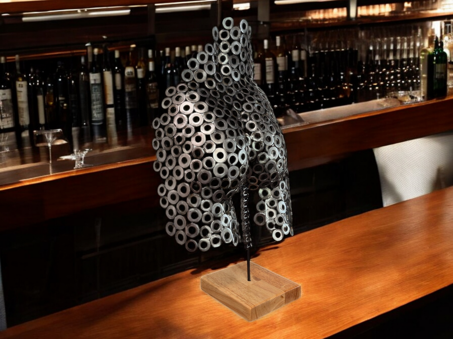 Strength in Form - Handcrafted Male Buttocks Sculpture in Brushed Steel Washers - Unique Art of the Human Body on Irish Oak Base