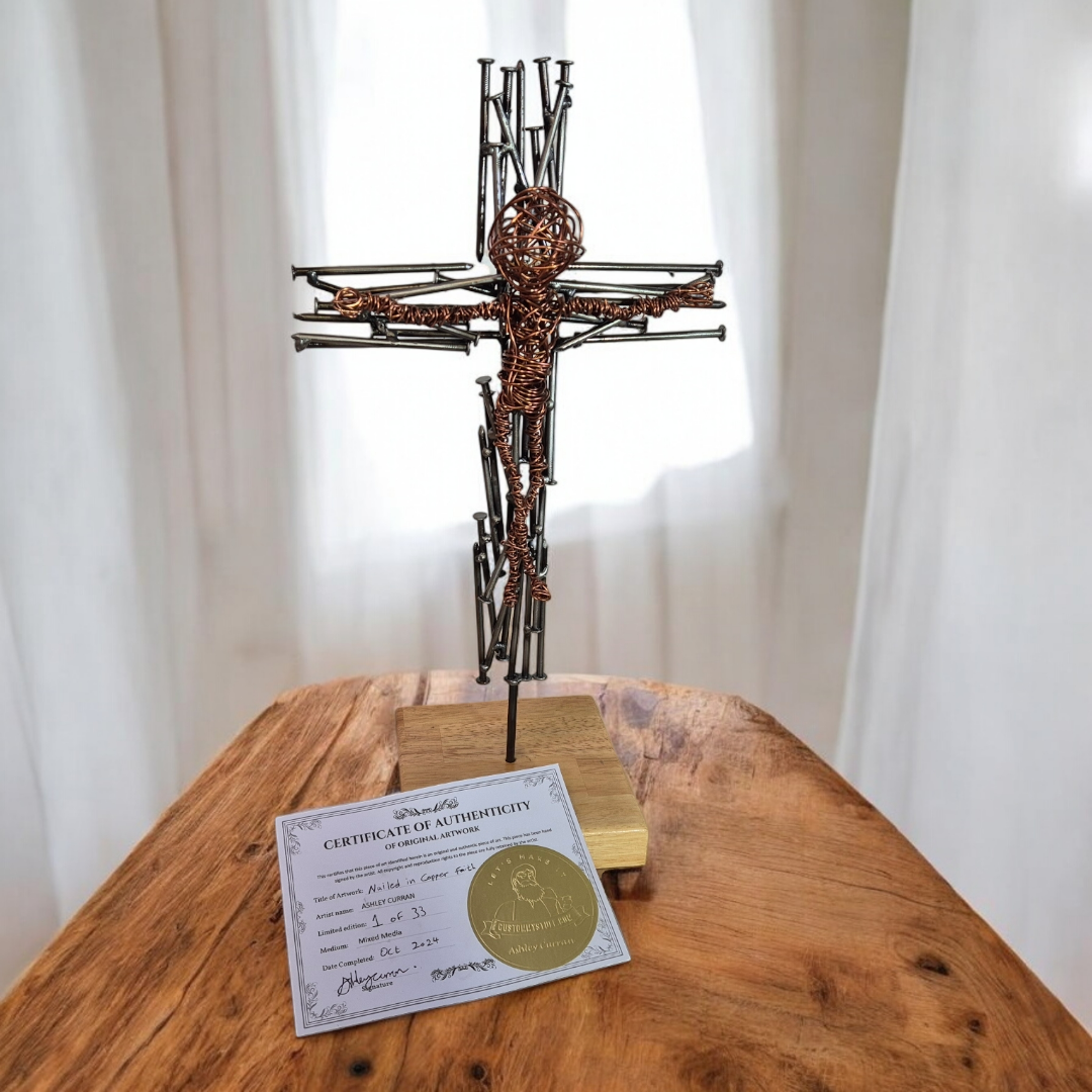 Nailed in Copper Faith Sculpture, Brushed Steel Nail Crucifix - Handmade