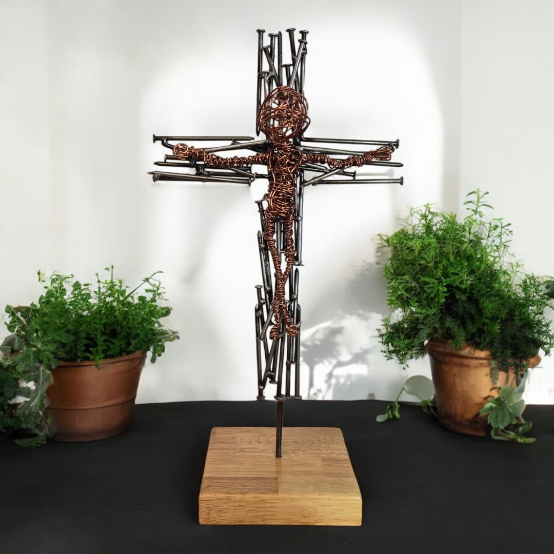 Nailed in Copper Faith Sculpture, Brushed Steel Nail Crucifix - Handmade