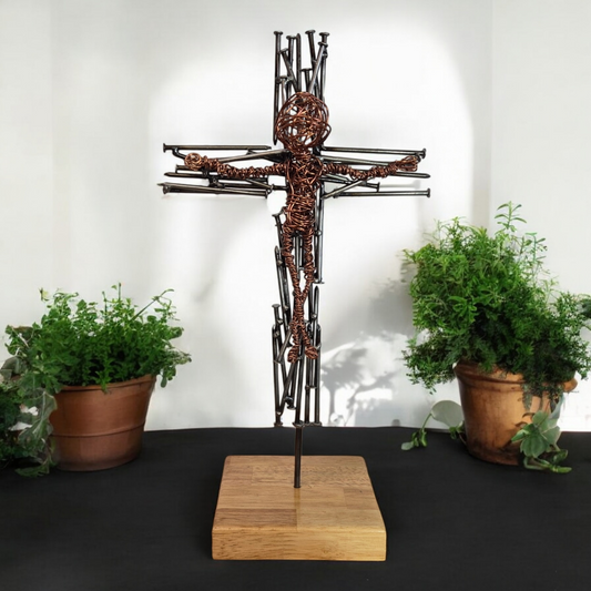 Nailed in Copper Faith Sculpture, Brushed Steel Nail Crucifix - Handmade