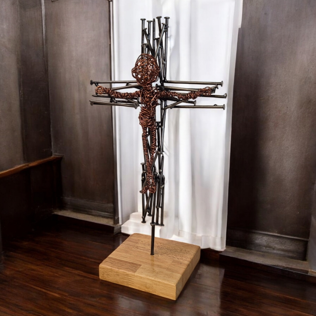 Nailed in Copper Faith Sculpture, Brushed Steel Nail Crucifix - Handmade