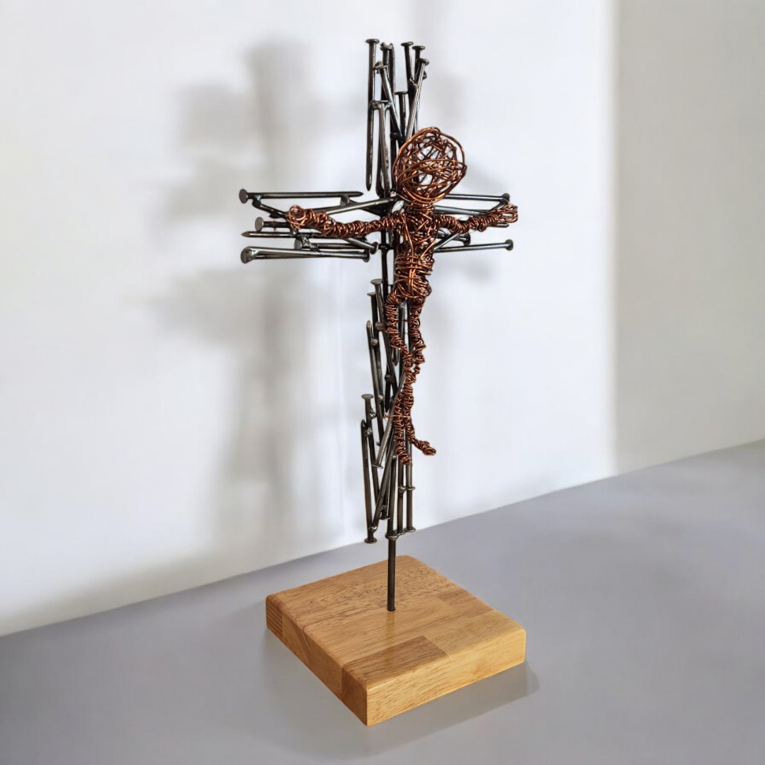 Nailed in Copper Faith Sculpture, Brushed Steel Nail Crucifix - Handmade