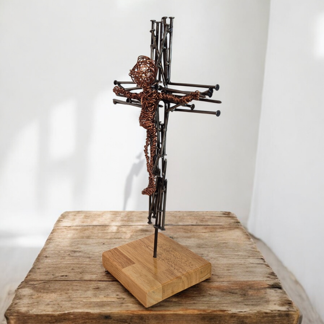 Nailed in Copper Faith Sculpture, Brushed Steel Nail Crucifix - Handmade
