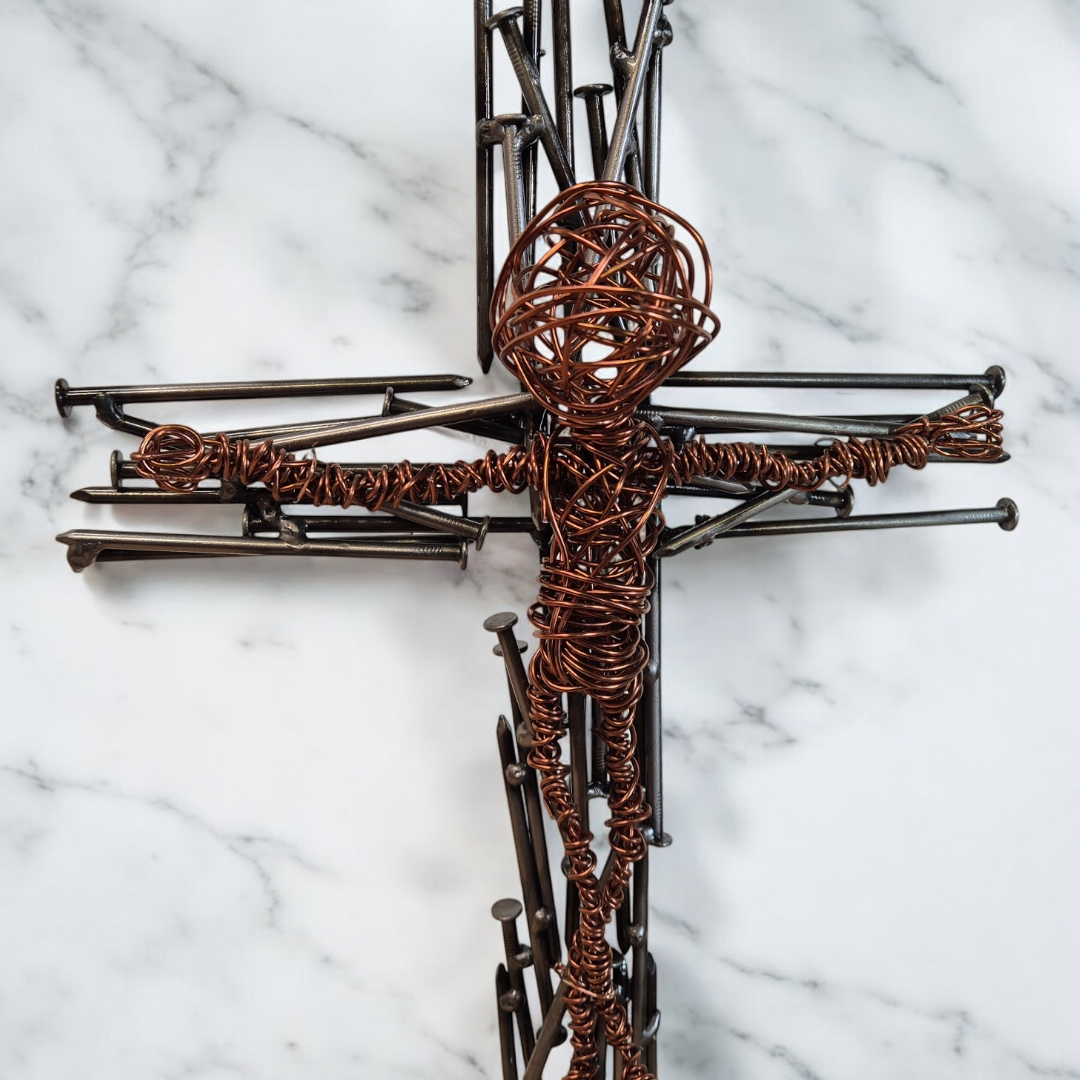 Nailed in Copper Faith Sculpture, Brushed Steel Nail Crucifix - Handmade