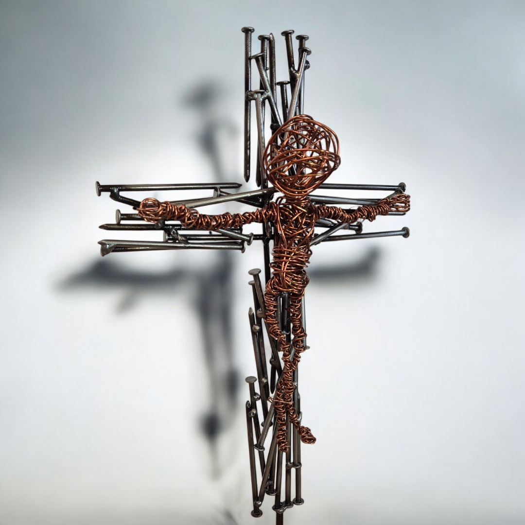 Nailed in Copper Faith Sculpture, Brushed Steel Nail Crucifix - Handmade