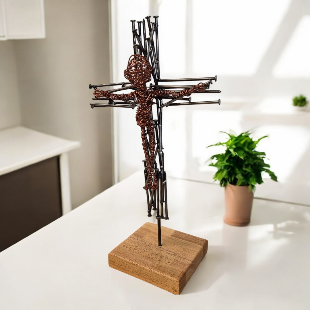 Nailed in Copper Faith Sculpture, Brushed Steel Nail Crucifix - Handmade